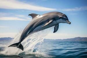 delfín saltando fuera de el agua a atardecer.ai generativo foto