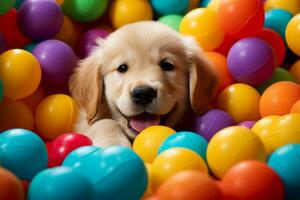 a golden retriever puppy peacefully sleeping soundly in a colorful ball pit. AI Generative photo