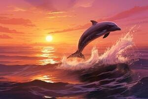 dolphin jumping out of the water at sunset.AI Generative photo