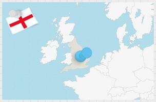 Map of England with a pinned blue pin. Pinned flag of England. vector