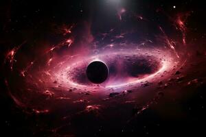 un supermasivo negro agujero devora un vibrante rosado planeta. ai generativo foto