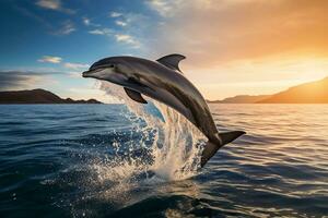 dolphin jumping out of the water at sunset.AI Generative photo