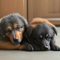 mujer contento a jugar con linda perros foto