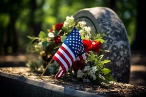 Closeup of an American flag in a row. Memorial day, Independence day, Veterans day concept. AI Generative photo