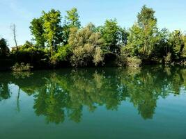 a lake with trees reflecting in the water photo