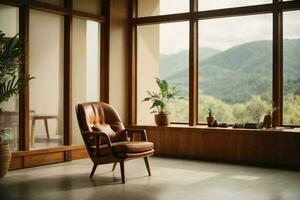 un sencillo habitación con un silla es siguiente a un ventana. ai generativo foto