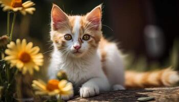 One fluffy kitten playing, staring at camera generated by AI photo