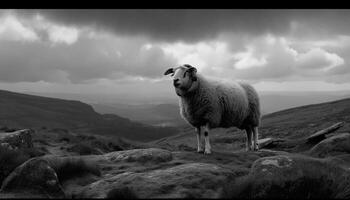 Cute lamb grazing in mountain meadow generated by AI photo