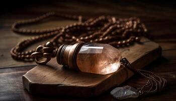 Antique rosary beads on rustic wooden table generated by AI photo