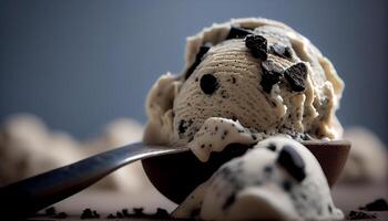 Delicious ice cream sundae with chocolate sauce , photo