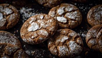 Freshly baked chocolate chip cookies on rustic table generated by AI photo