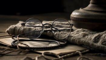 Old fashioned eyeglasses on book, still life reading generated by AI photo