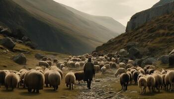 Flock of sheep grazing on mountain meadow generated by AI photo