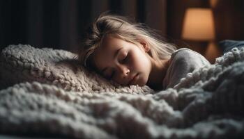 linda niño dormido en cómodo almohada a hogar generado por ai foto