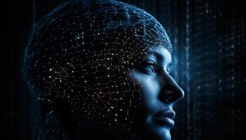 Glowing blue cyborg portrait, futuristic technology mystery generated by AI photo