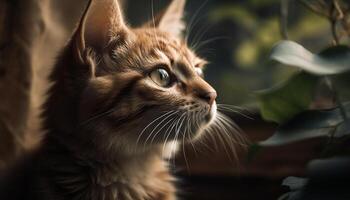 Fluffy striped kitten staring outdoors with alertness generated by AI photo