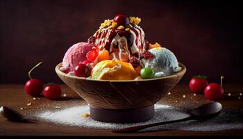 Fresh fruity dessert on a wooden table generated by AI photo