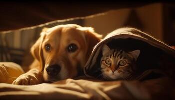 Cute puppy and kitten resting on pillow generated by AI photo