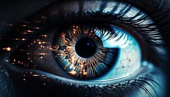 Blue iris staring, close up of human eye generated by AI photo