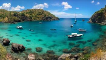 Turquoise waves embrace tranquil yacht on Caribbean coast generated by AI photo