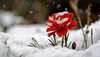 Vibrant crocus blossom in snowy wet meadow generated by AI photo