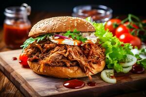 Barbeque Pulled Pork Sandwich. AI Generative photo