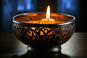 a lit candle in a decorative metal bowl. AI Generative photo