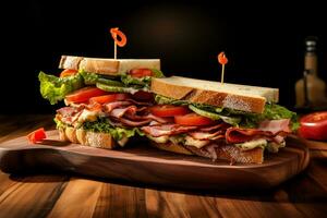 a sandwich with ham on a wooden cutting board. AI Generative photo