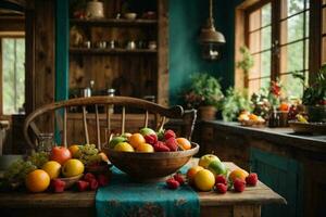 A cozy, rustic kitchen with a wooden table and chairs, a bowl of fresh colorful fruits. AI Generative photo