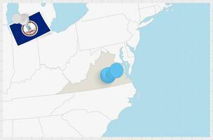 Map of Virginia with a pinned blue pin. Pinned flag of Virginia. vector