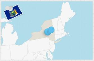 Map of New York with a pinned blue pin. Pinned flag of New York. vector