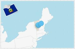 mapa de Vermont con un clavado azul alfiler. clavado bandera de Vermont. vector