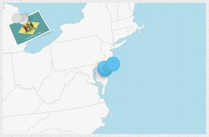 mapa de Delaware con un clavado azul alfiler. clavado bandera de Delaware. vector