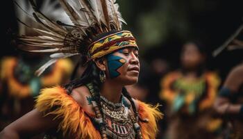 sonriente mujer en tradicional ropa danza al aire libre generado por ai foto