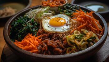 gastrónomo comida con cerdo, arroz, y vegetales generado por ai foto