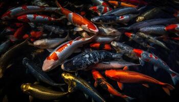 Multi colored koi carp swimming in pond generated by AI photo