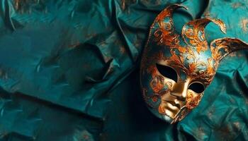 Golden Venetian mask hides mysterious elegance and glamour generated by AI photo