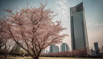 Skyscraper architecture in cityscape, nature growth outdoors generated by AI photo