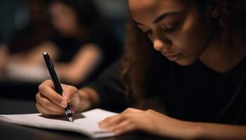 Young women studying indoors, concentration on reading generated by AI photo