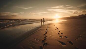 Couple walking on beach, enjoying sunset romance generated by AI photo