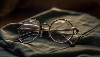 Vintage eyeglasses on open book for quiet reading generated by AI photo