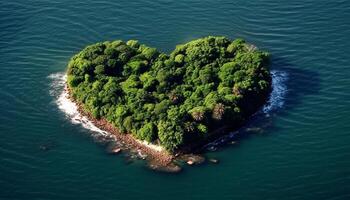 Heart shaped forest, blue waters, nature beauty generated by AI photo