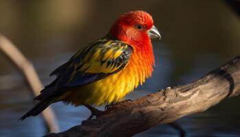 Vibrant lorikeet perching on multi colored branch generated by AI photo