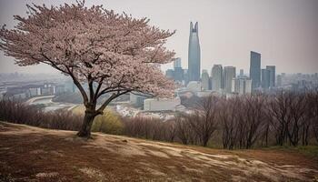 Cherry blossom tree blooms in urban skyline beauty generated by AI photo