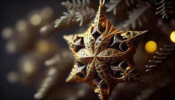 Shiny gold ornament adorns winter fir tree generated by AI photo