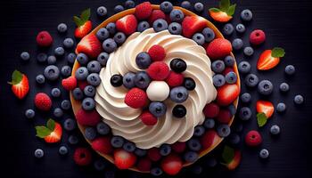 Fresh berry dessert on wooden plate with chocolate generated by AI photo