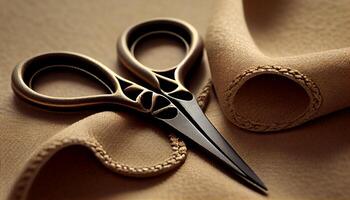 Sharp tailors scissors on metallic spool of thread generated by AI photo