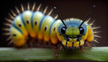 pequeño a rayas oruga en amarillo flor pétalo generado por ai foto