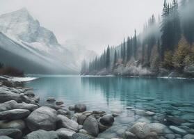 majestuoso acantilado en pie alto, con vista a tranquilo lago generado por ai foto