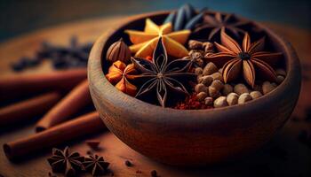 Spice bowl anise clove nutmeg star anise generated by AI photo